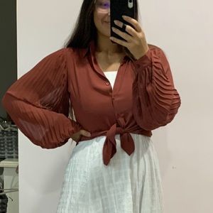 pleated sleeve button up blouse
